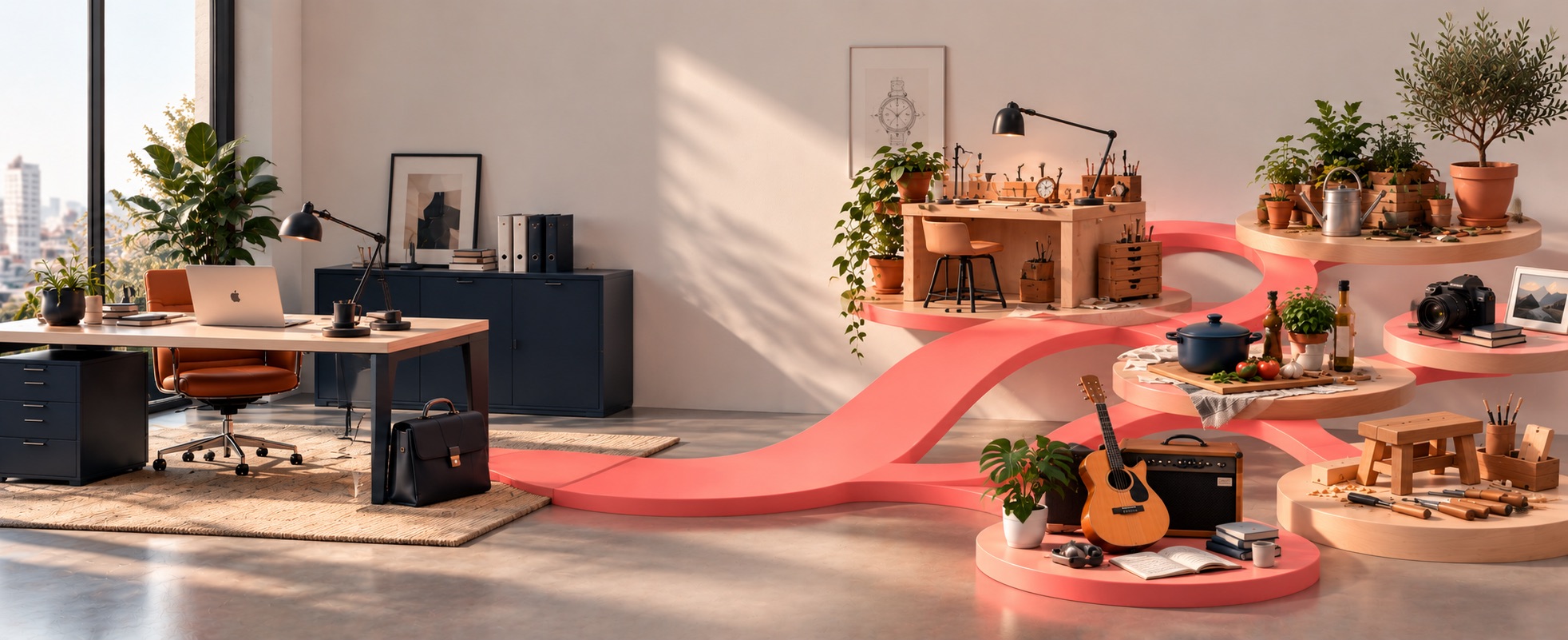 Un bureau relié par un chemin corail à des ateliers de métiers plaisir : horlogerie, jardinage, cuisine, photographie, musique, menuiserie