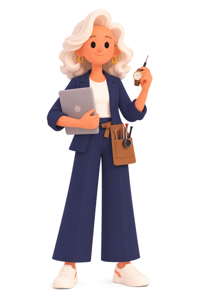 Illustration : Nathalie, un ordinateur sous le bras et une montre à la main